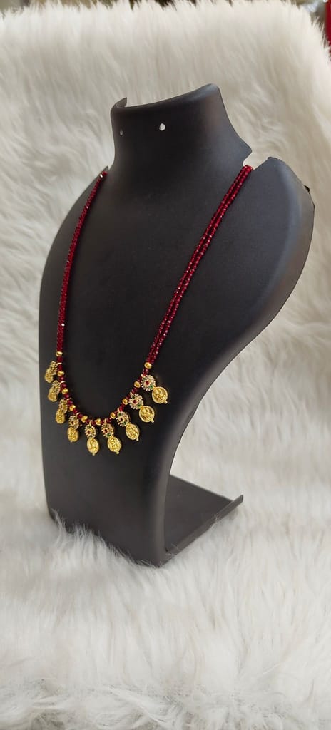 Delicate Traditional Indian Gold Plated Laxmi Coin Necklace Set with Red Beads