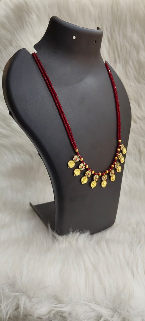Delicate Traditional Indian Gold Plated Laxmi Coin Necklace Set with Red Beads