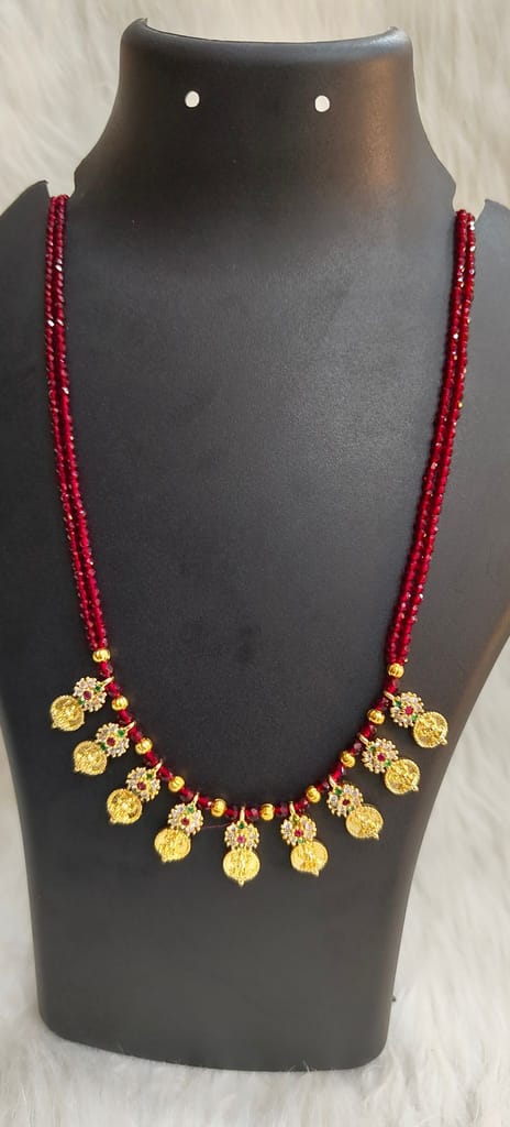 Delicate Traditional Indian Gold Plated Laxmi Coin Necklace Set with Red Beads