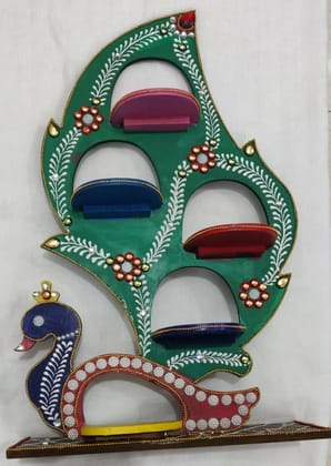 Wooden Hand-Painted Peacock Wall Shelf with 4 Storage Compartments