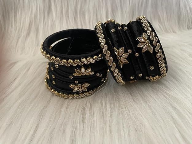 Black Silk Thread Bangles with Kundan and Pearl Embellishment