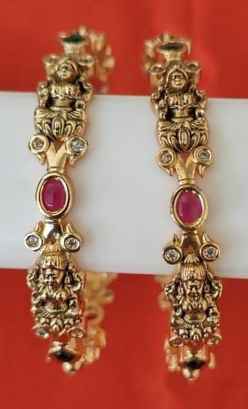 Gold Plated Temple Bangles With Ruby Stones