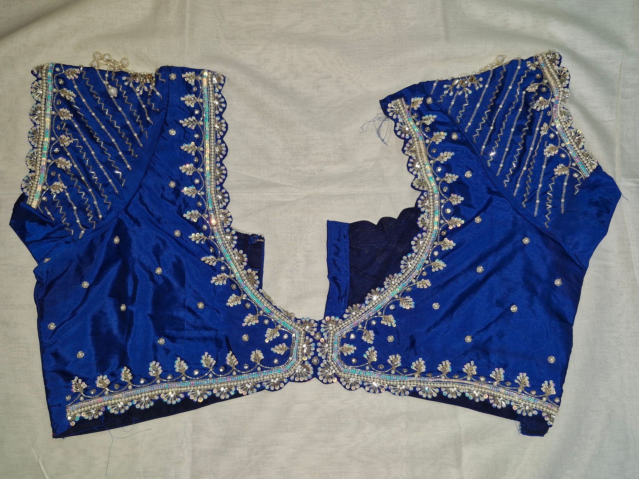 Blue Embroidered Blouse with Silver Thread and Pearls