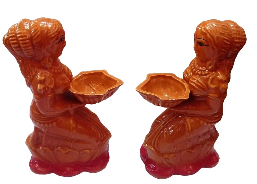 Set of 2 Handmade Clay Diya Oil Lamps with Traditional Indian Women Figurines for Diwali Decoration and Home Decor - Pooja Needs | Buy online on ZillyBuy