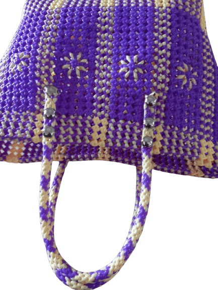 Purple and White Handwoven Plastic Tote Bag