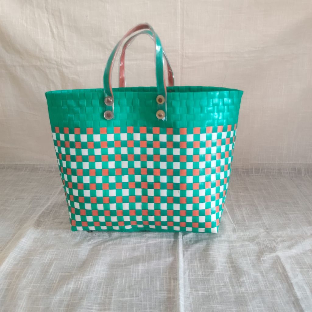 Green and Orange Checkered Plastic Woven Bag - Handbags | Buy online on ZillyBuy