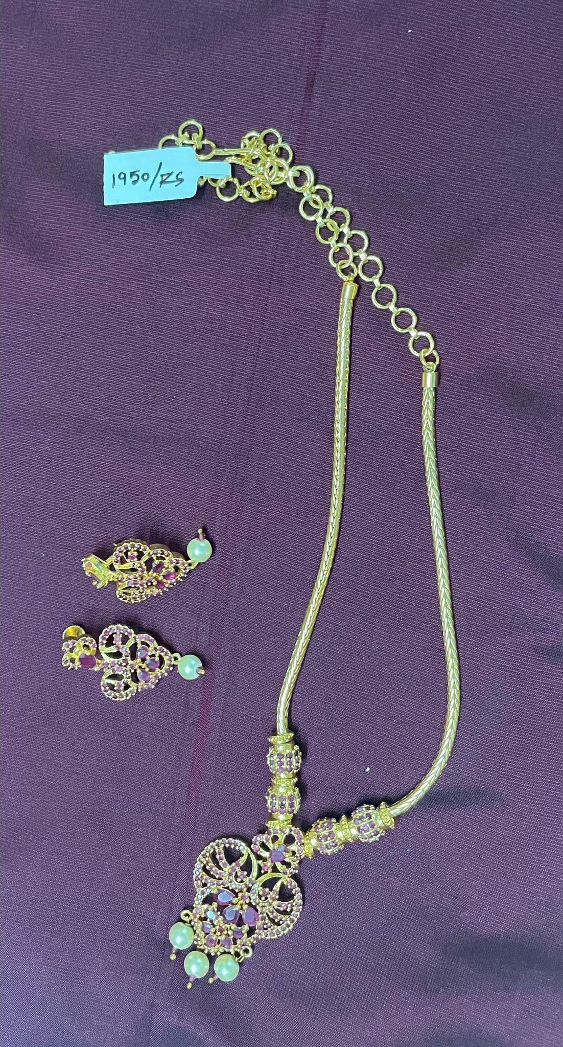 Stunning Gold-Plated Necklace Set with Ruby Stones and Pearls