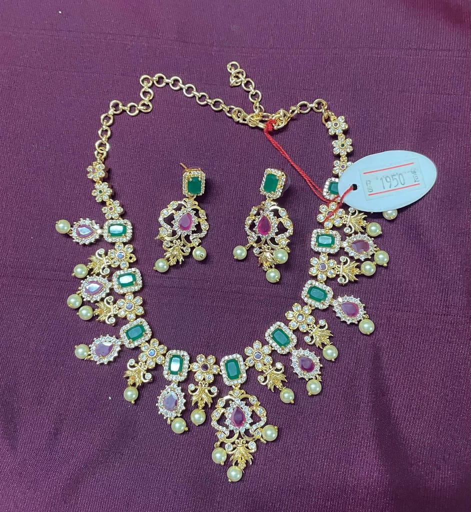 Bridal Gold Plated Necklace Set With Green Stones and Pearls - Jewellery Sets | Buy online on ZillyBuy