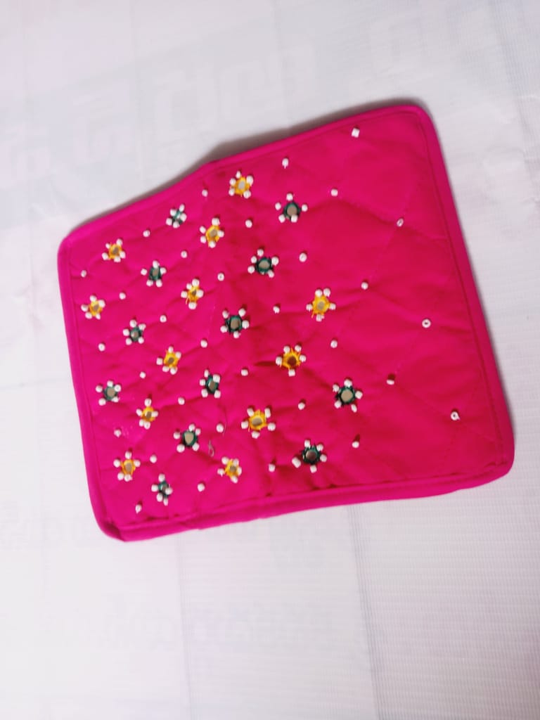 Pink Hand Embroidered Clutch with Mirror Work