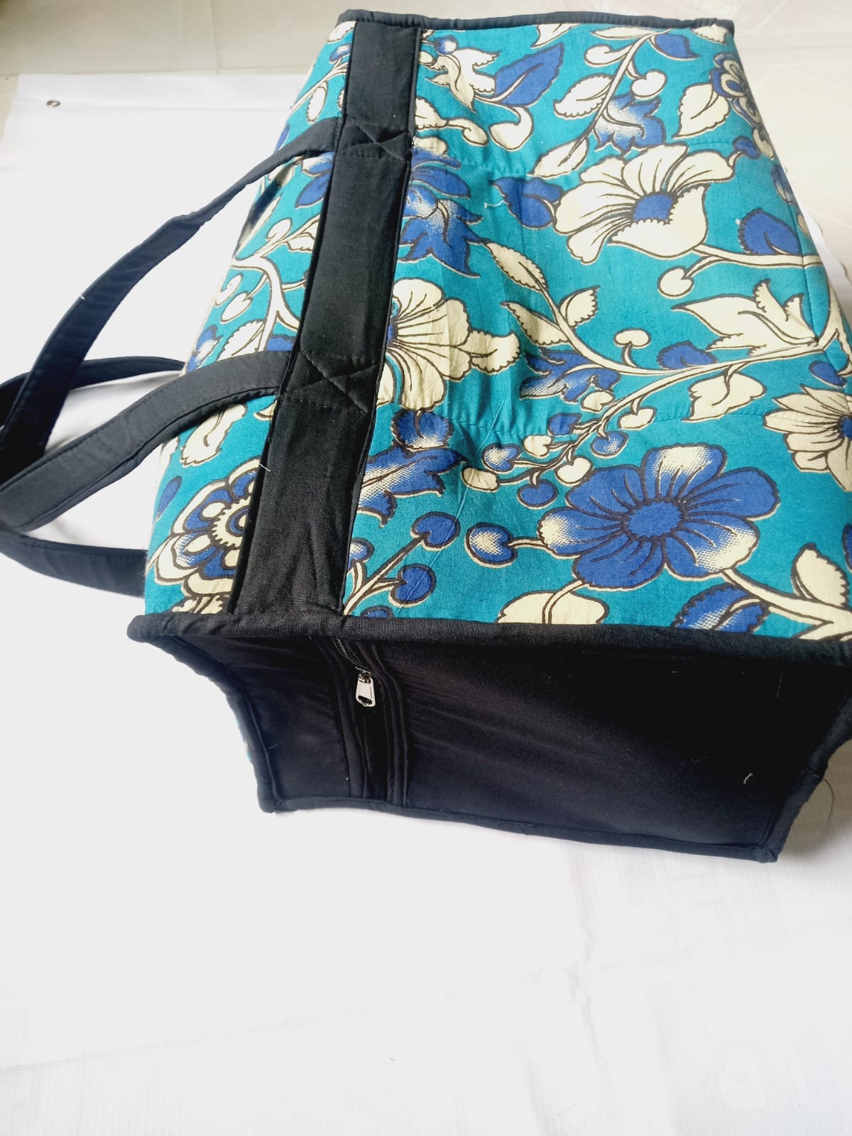 Handmade Floral Print Cotton Tote Bag with Zipper Closure
