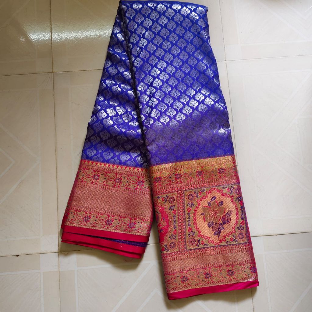 Blue Saree With Silver Zari Work And Pink Border - Sarees | Buy online on ZillyBuy
