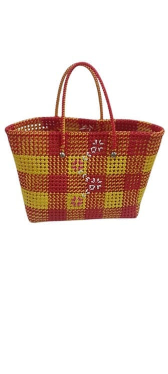 Red and Yellow Handwoven Bag with Pink Flower Accents