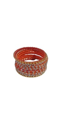 Set of 6 Orange and White Silk Thread Bangles with Stone Detailing