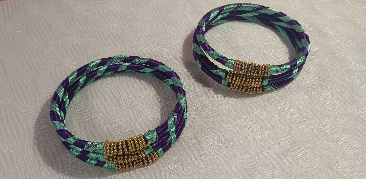 Seafoam and Aubergine Silk Thread Bangles with Gold Beads