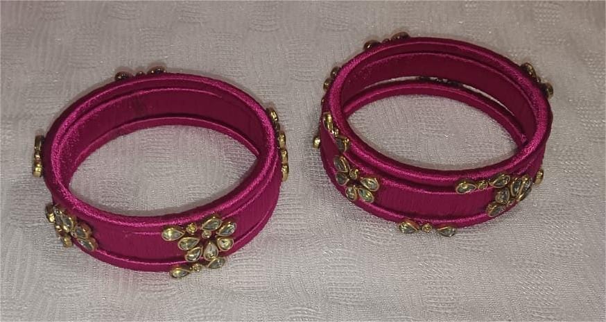 Indian Ethnic Fuchsia Pink Silk Thread Bangle Set with Rhinestone for Women and Girls
