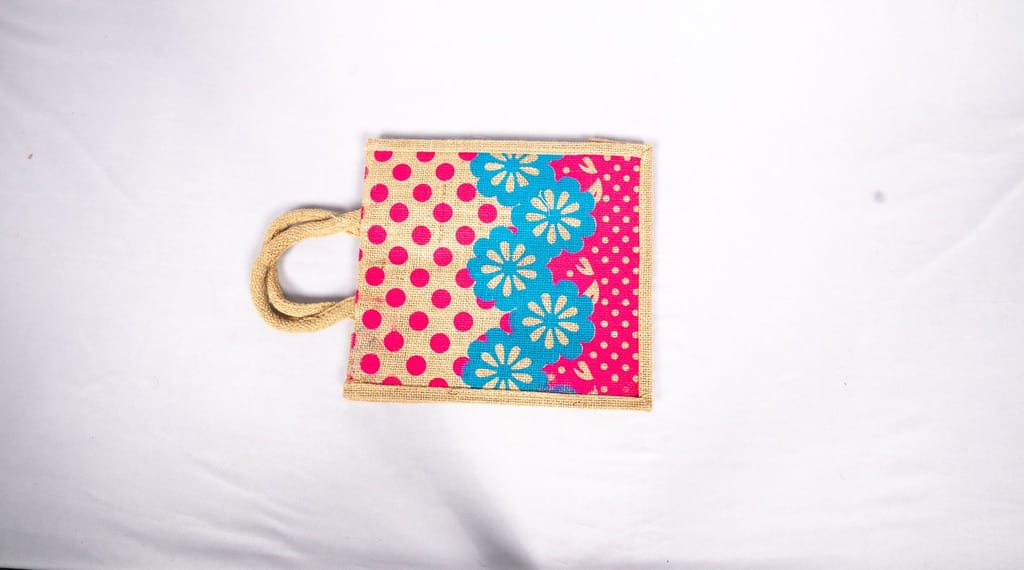 Small Burlap Gift Bag with Pink Floral Design