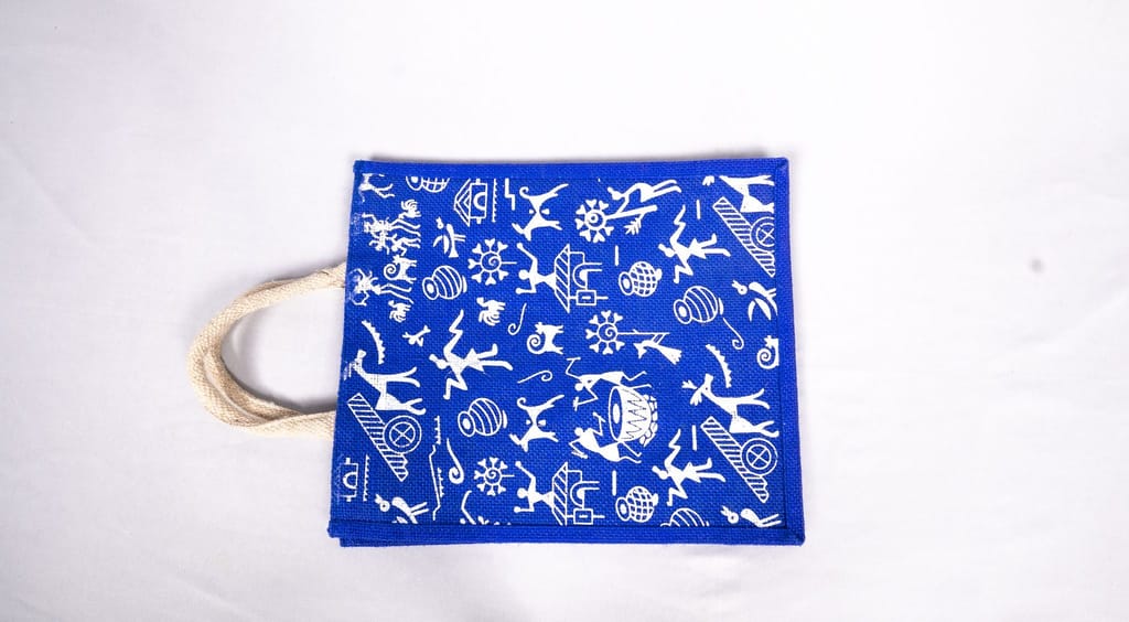 Blue Jute Bag with White Tribal Print
