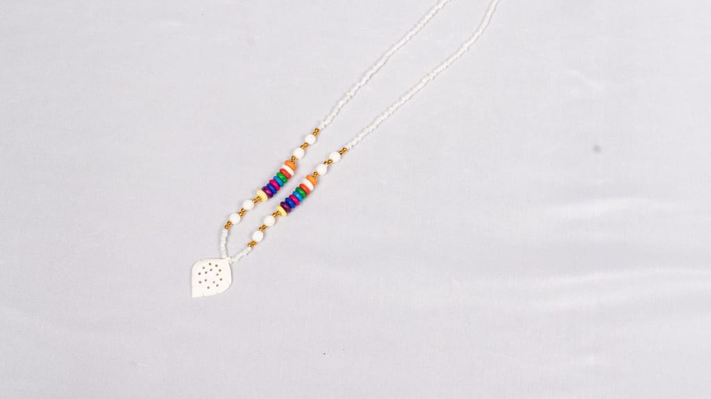 White Bone Carved Leaf Pendant Necklace with Multicolor Wood Beads