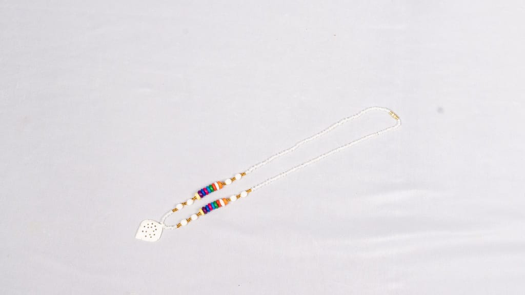 White Bone Carved Leaf Pendant Necklace with Multicolor Wood Beads