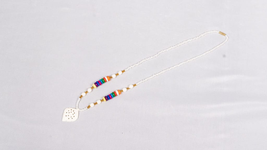 White Bone Carved Leaf Pendant Necklace with Multicolor Wood Beads