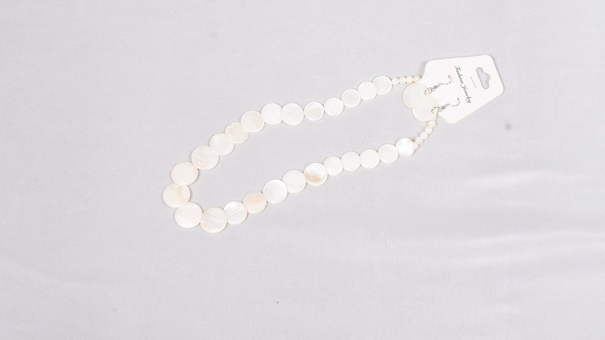 White Mother of Pearl Shell Flat Round Beads Necklace and Earrings Set