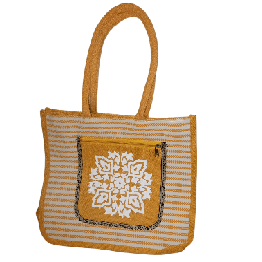 Striped Jute Tote Bag with Embroidered Flower - Handbags | Buy online on ZillyBuy