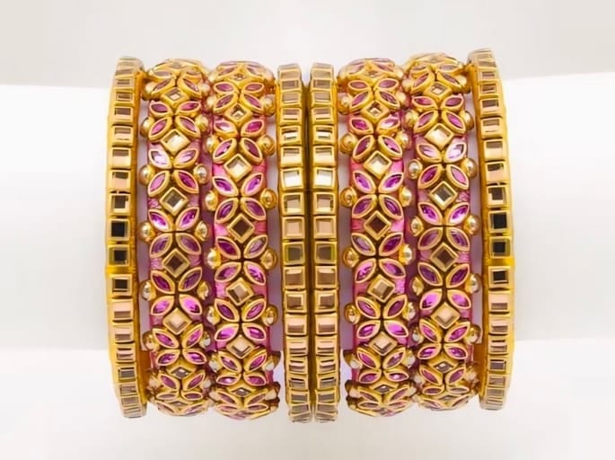 Handmade Exquisite Pink and Gold Bangle Set - Bangles & Bracelets | Buy online on ZillyBuy