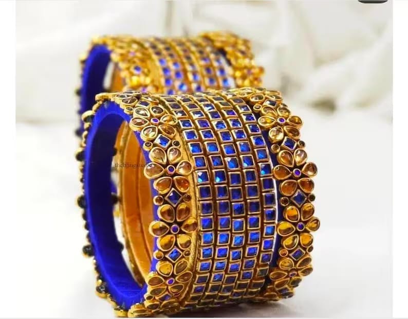 Handmade Gold Plated Kundan Stone Blue Lac Bangles (Set of 6)