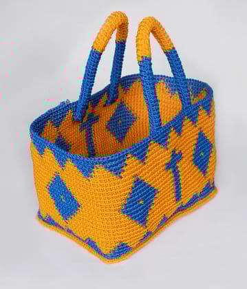 Tote bag with blue and orange crochet pattern