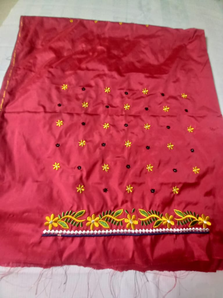 Red color Embroidered Blouse Piece With Floral Butta Work