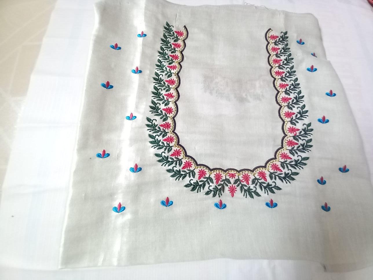 Silver color Hand Embroidered Floral Applique Neckline Blouse Design