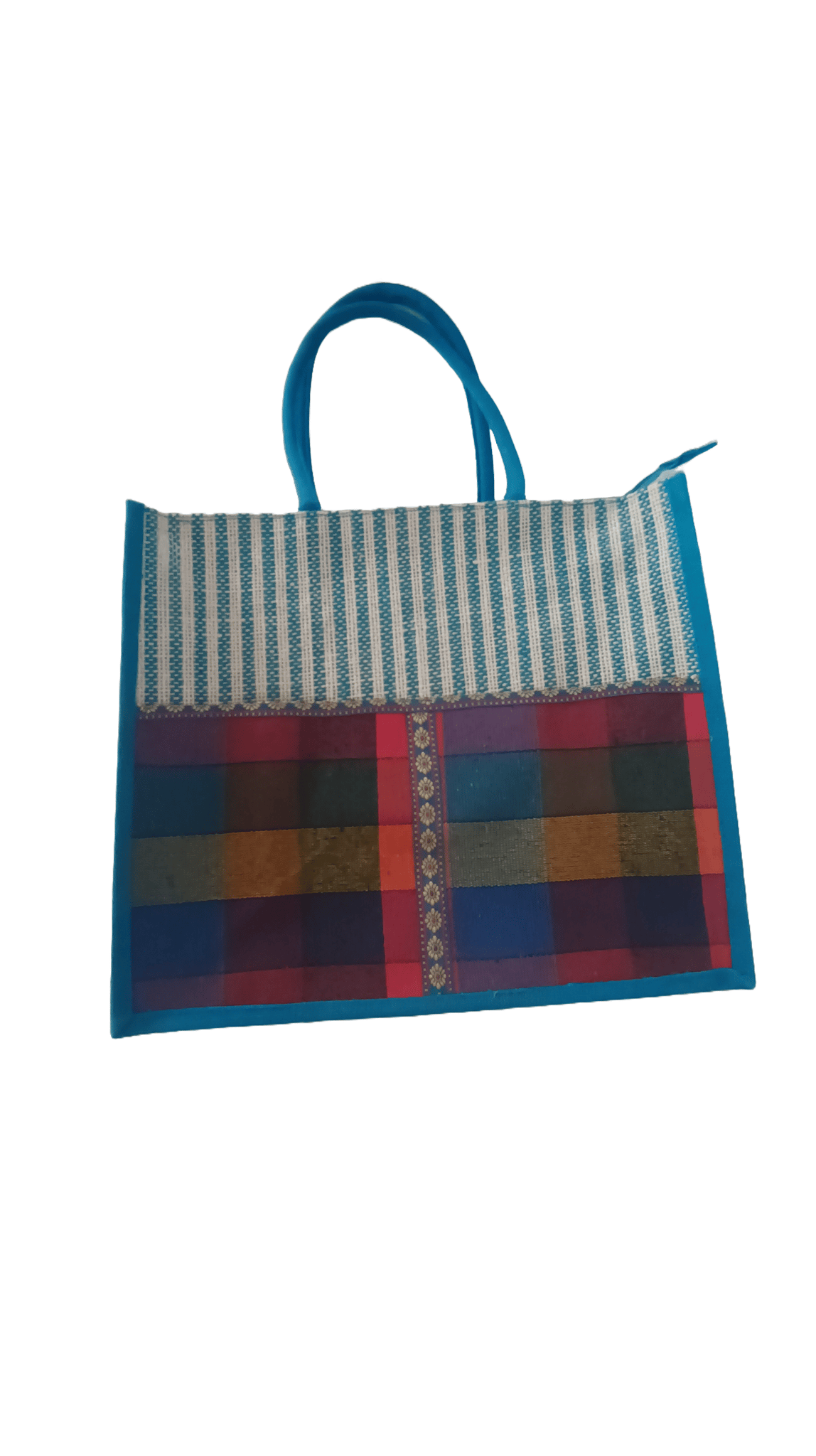Blue Handwoven Jute Tote Bag with Colorful Striped and Floral Print
