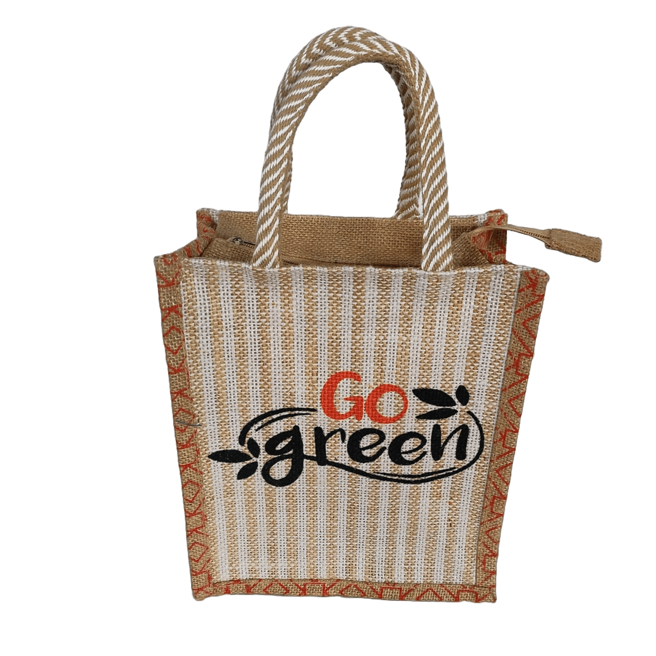 Stylish Go Green Printed Jute Tiffin Bag With Zip Closure
