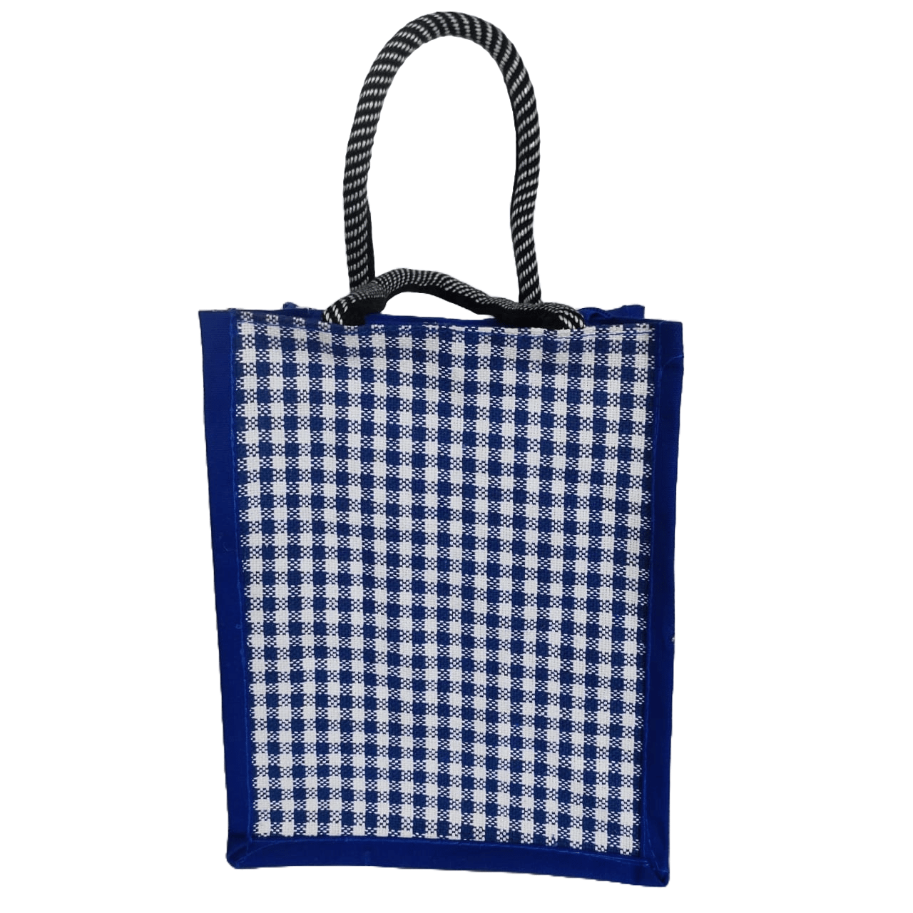 Blue and White Gingham Jute Tote Bag