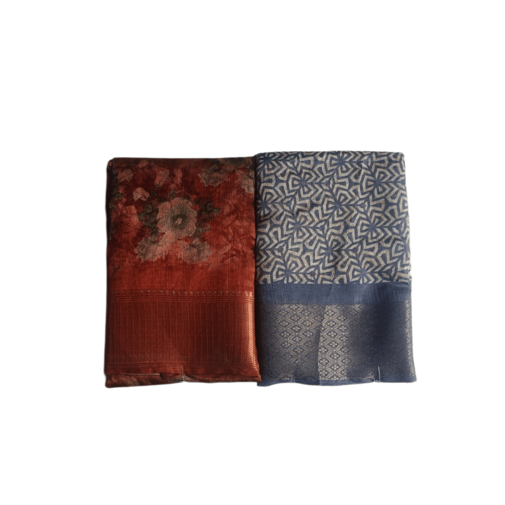 A Set of Two Beautiful Sarees: One in a Deep Red Floral Print and the Other in Blue with Geometric Motifs