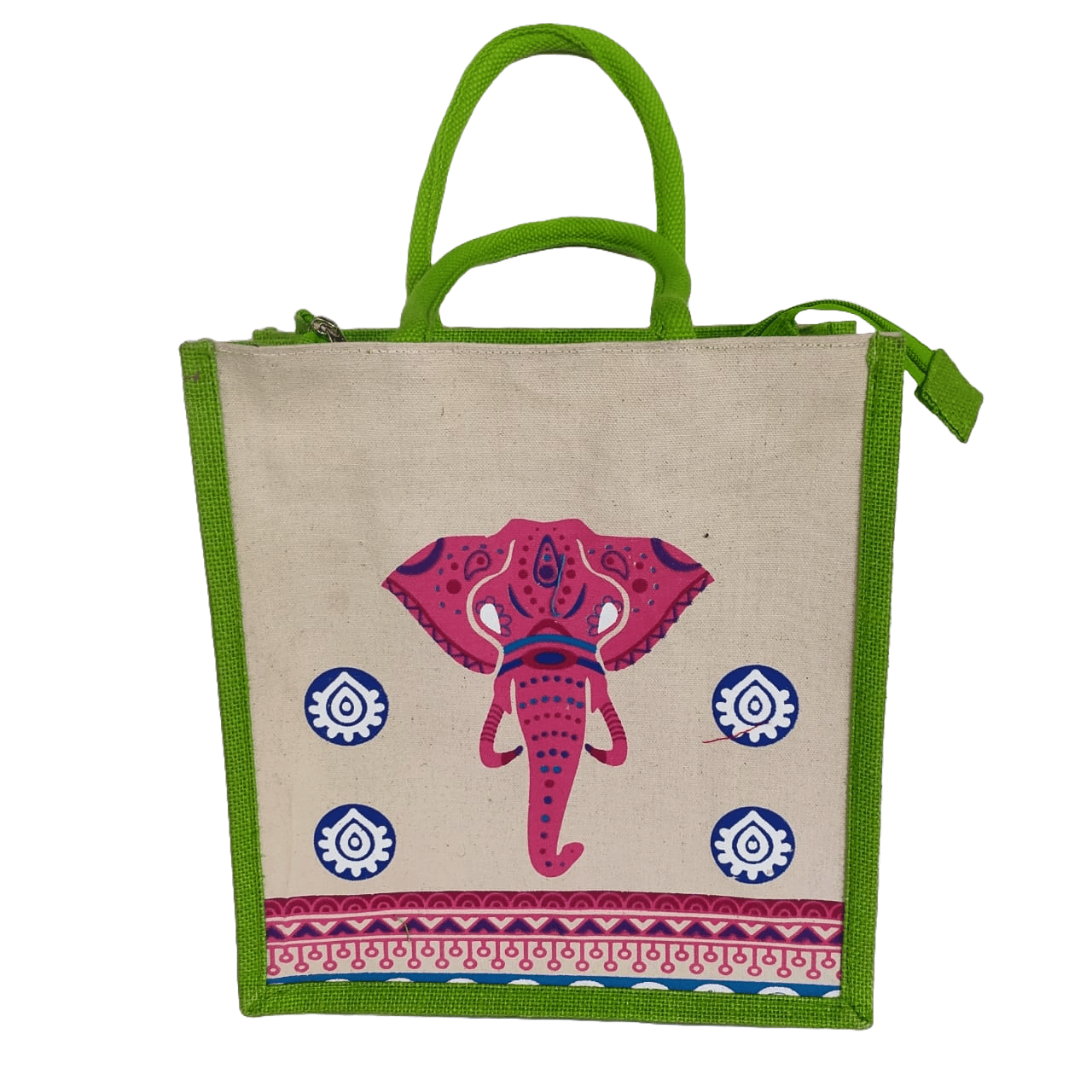 The product title could be Jute Tote Bag with Pink Elephant