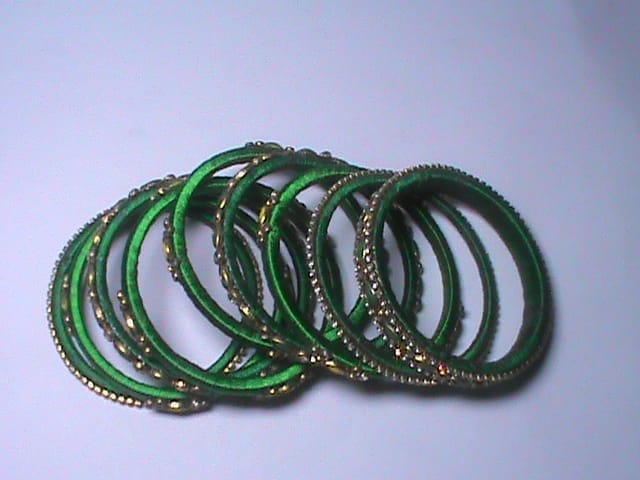Green and Yellow Silk Thread Bangle Set with Rhinestones