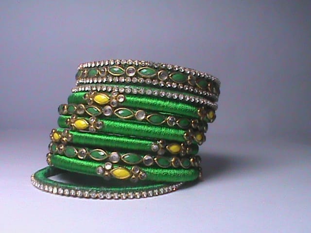 Green and Yellow Silk Thread Bangle Set with Rhinestones