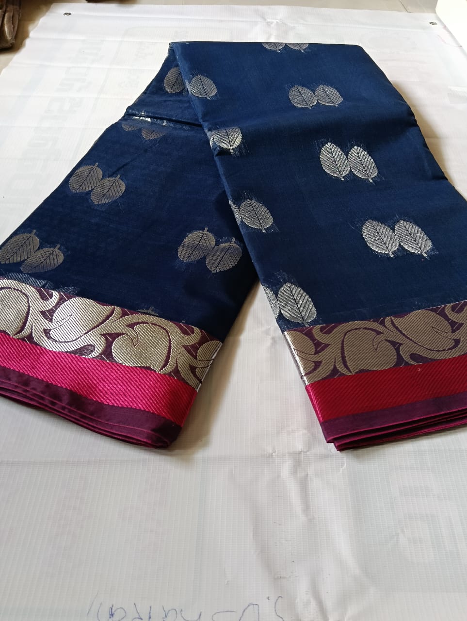 Blue Saree With Silver Zari Work And Pink Border  5.5 meters with combined blouse