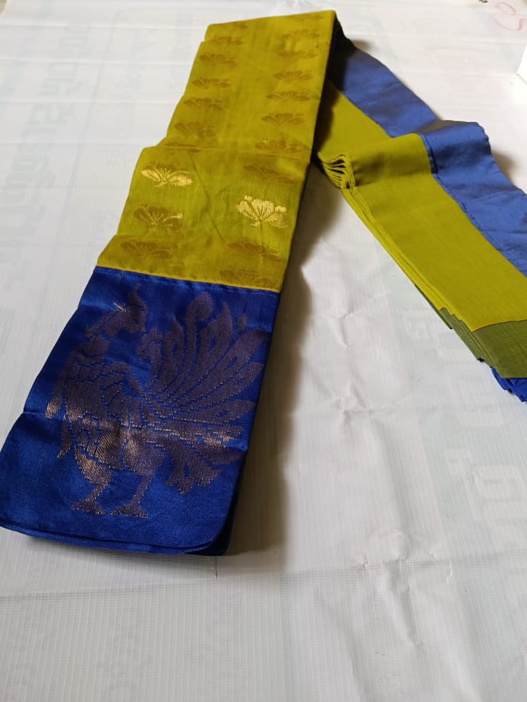 Blue and gold zari woven soft silk saree with blouse piece