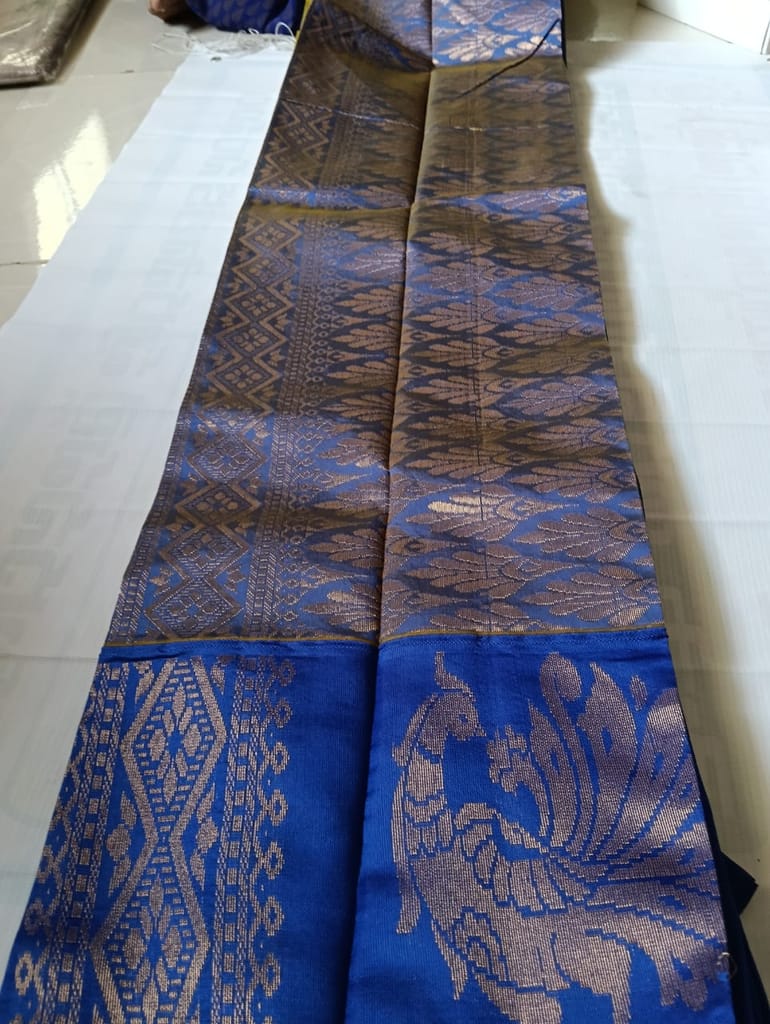 Blue and gold zari woven soft silk saree with blouse piece