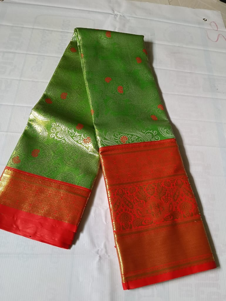 Green and Red Silk Saree with Floral Brocade and Zari Border