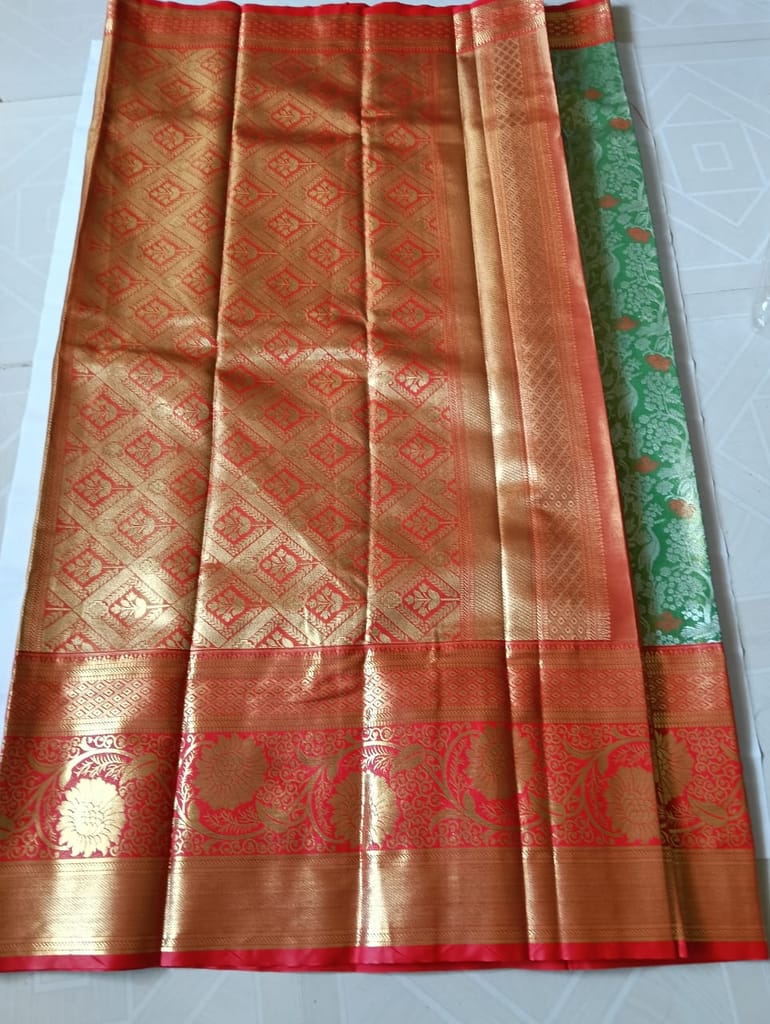 Green and Red Silk Saree with Floral Brocade and Zari Border