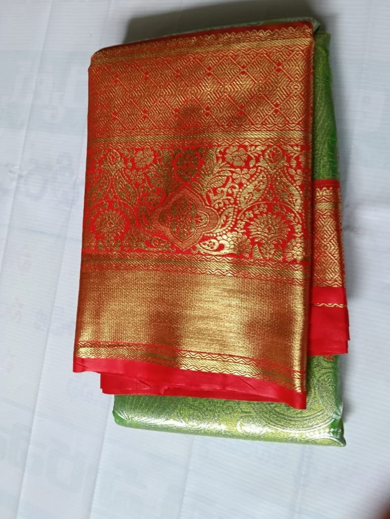 Green and Red Silk Saree with Floral Brocade and Zari Border
