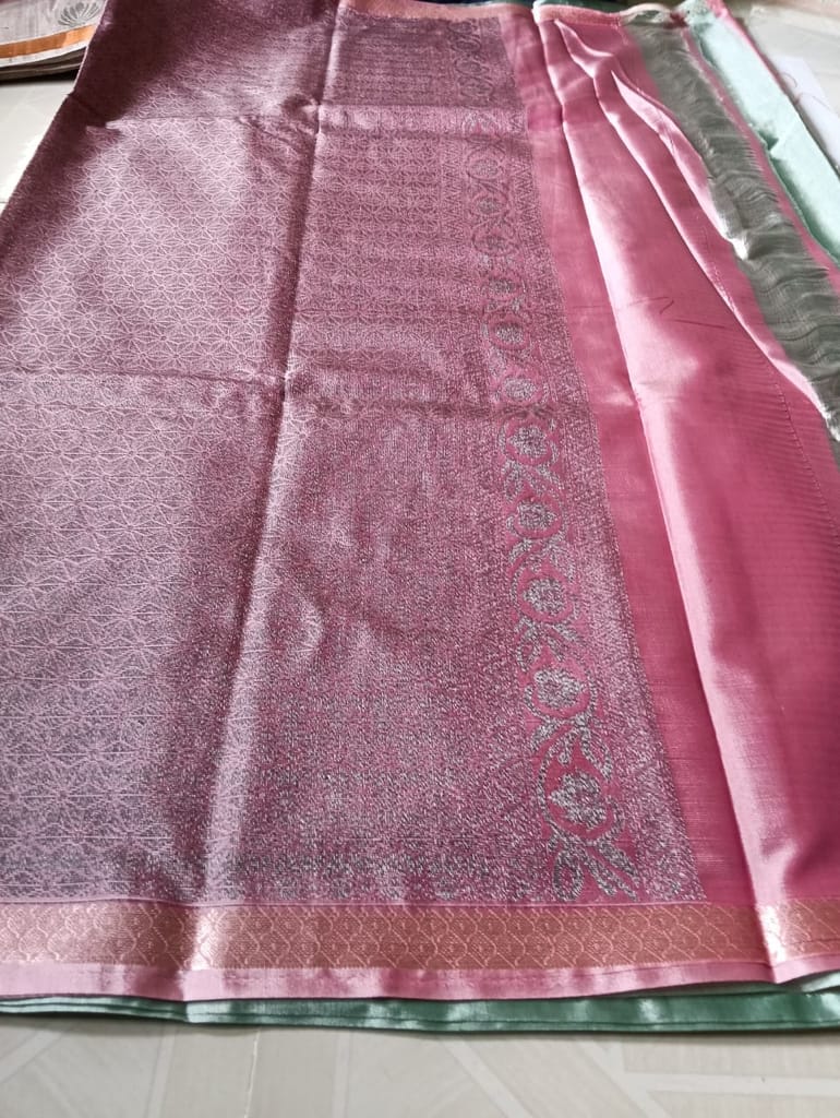 Green Tissue Saree With Silver Zari Woven Paisley Motifs