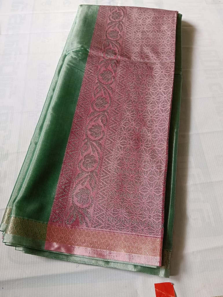 Green Tissue Saree With Silver Zari Woven Paisley Motifs