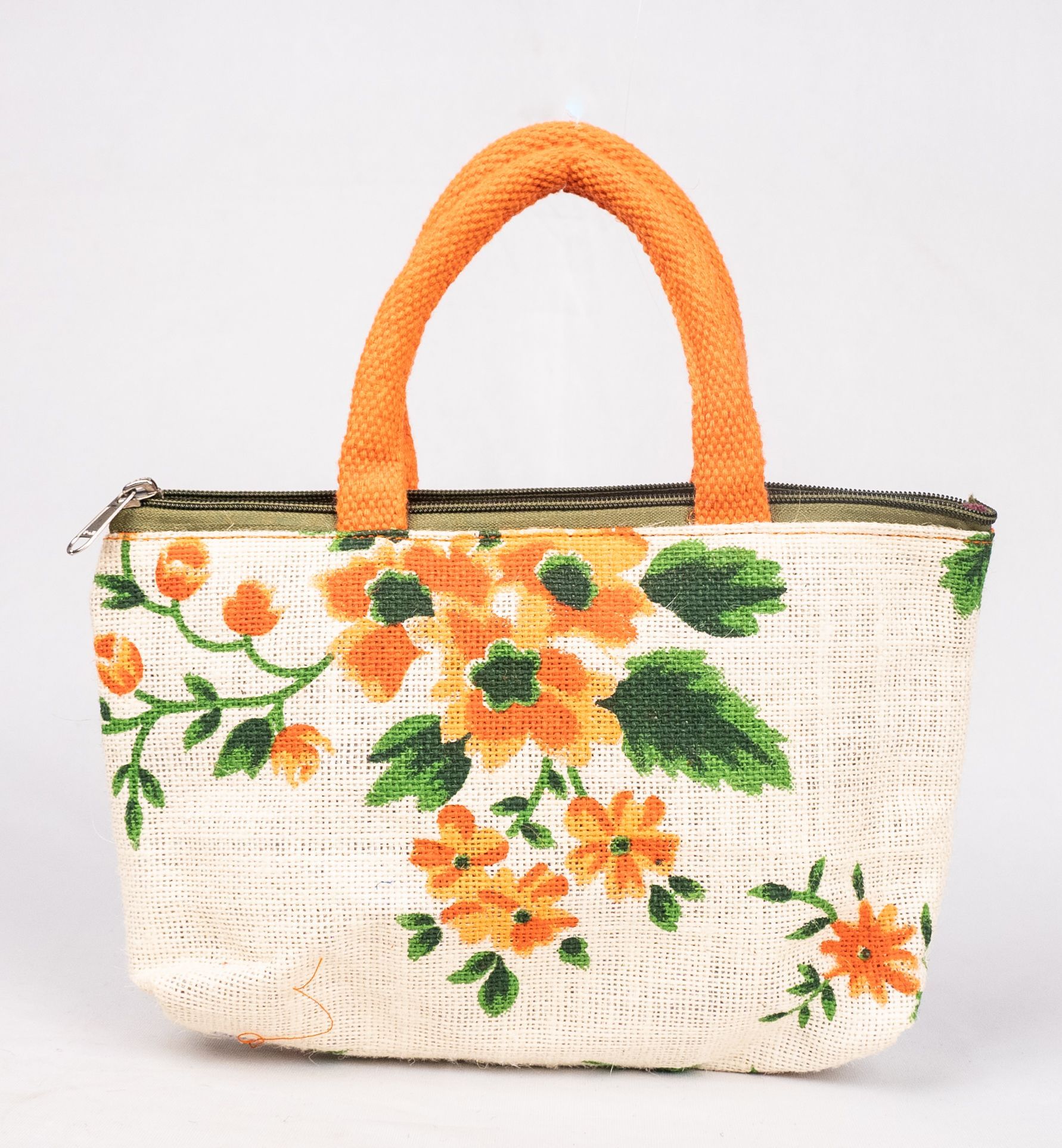 Floral print small jute tote bag with orange handles