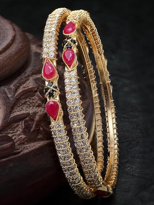Gold Plated White & Pink Stone Studded Bangle Set of 2