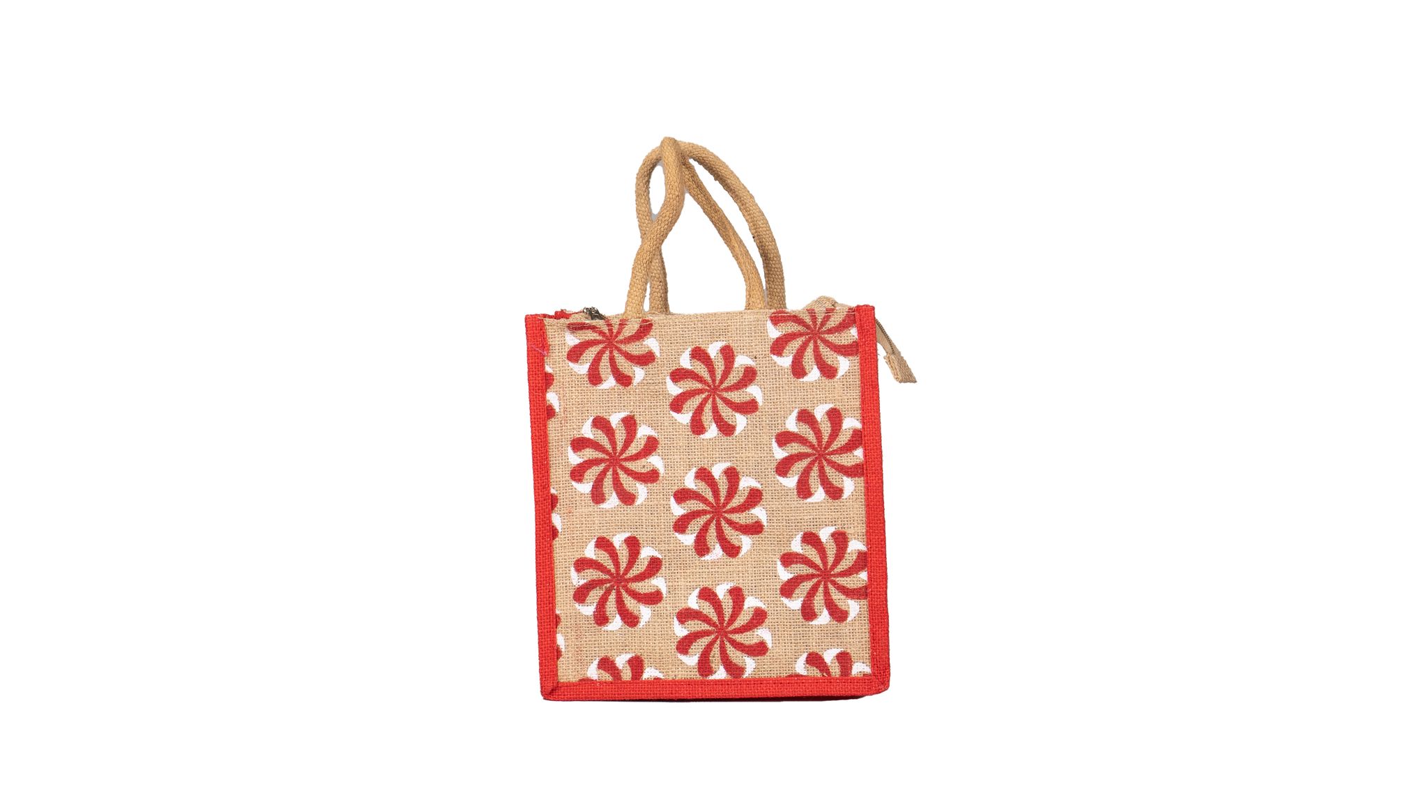 The product title could be something like "Jute Tote Bag with Red Floral Print