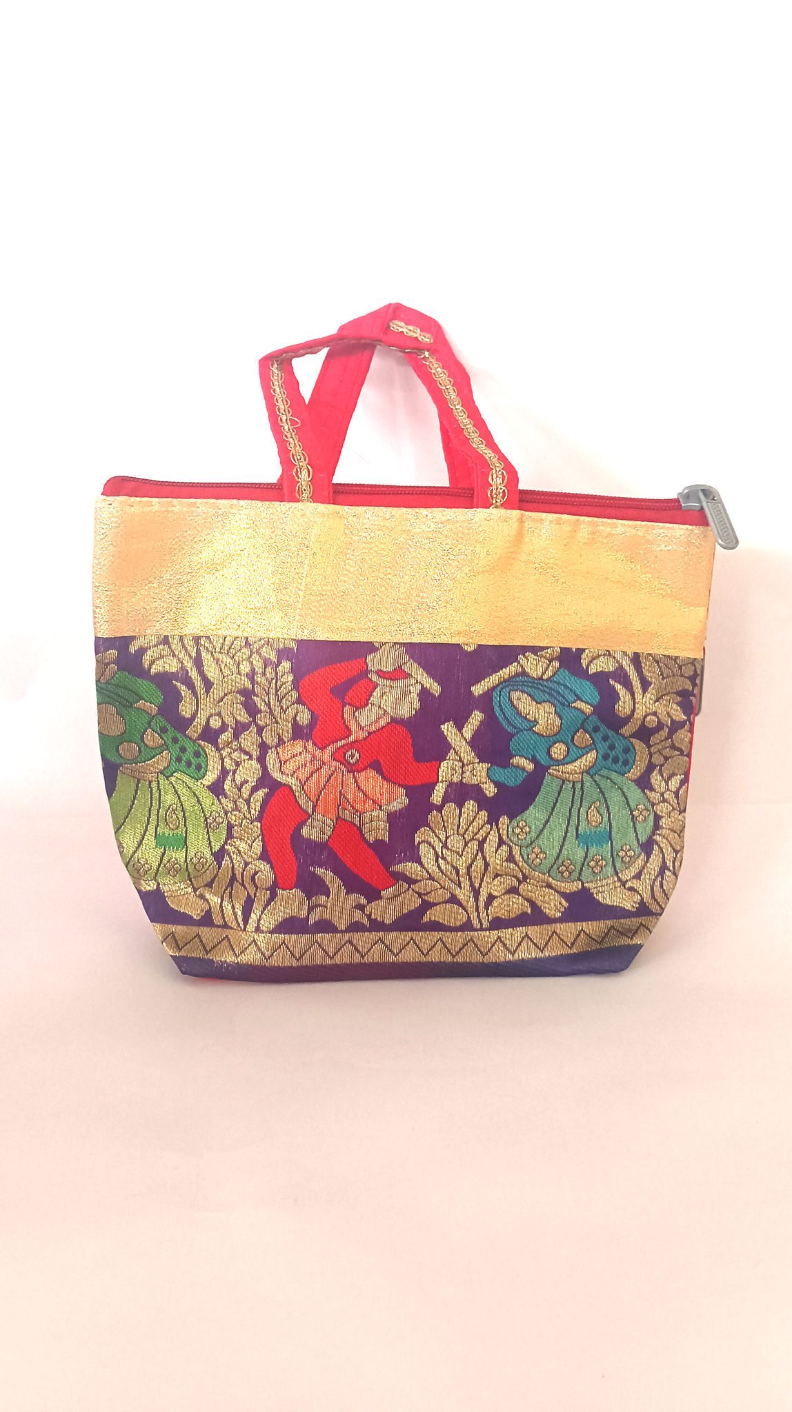 Red and gold brocade mini tote bag with colorful embroidery